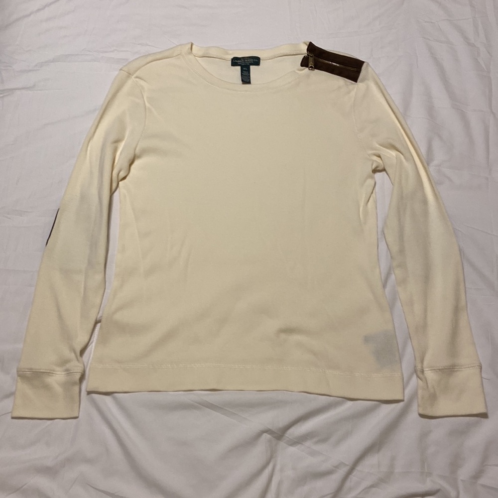 Ralph Lauren VTG LSleeve Pullover Ivory & Brown Elbow Patches, Zipper SZ P/L, EC - Picture 7 of 12